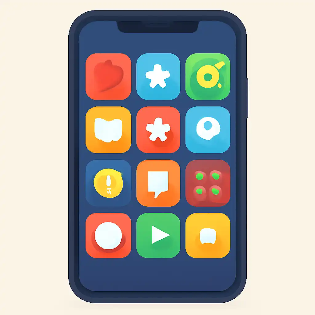 Smartphone shown from the front displaying a colourful flat layout of abstract game icons and rounded tiles (no text, no letters, no labels), 91 Lottery