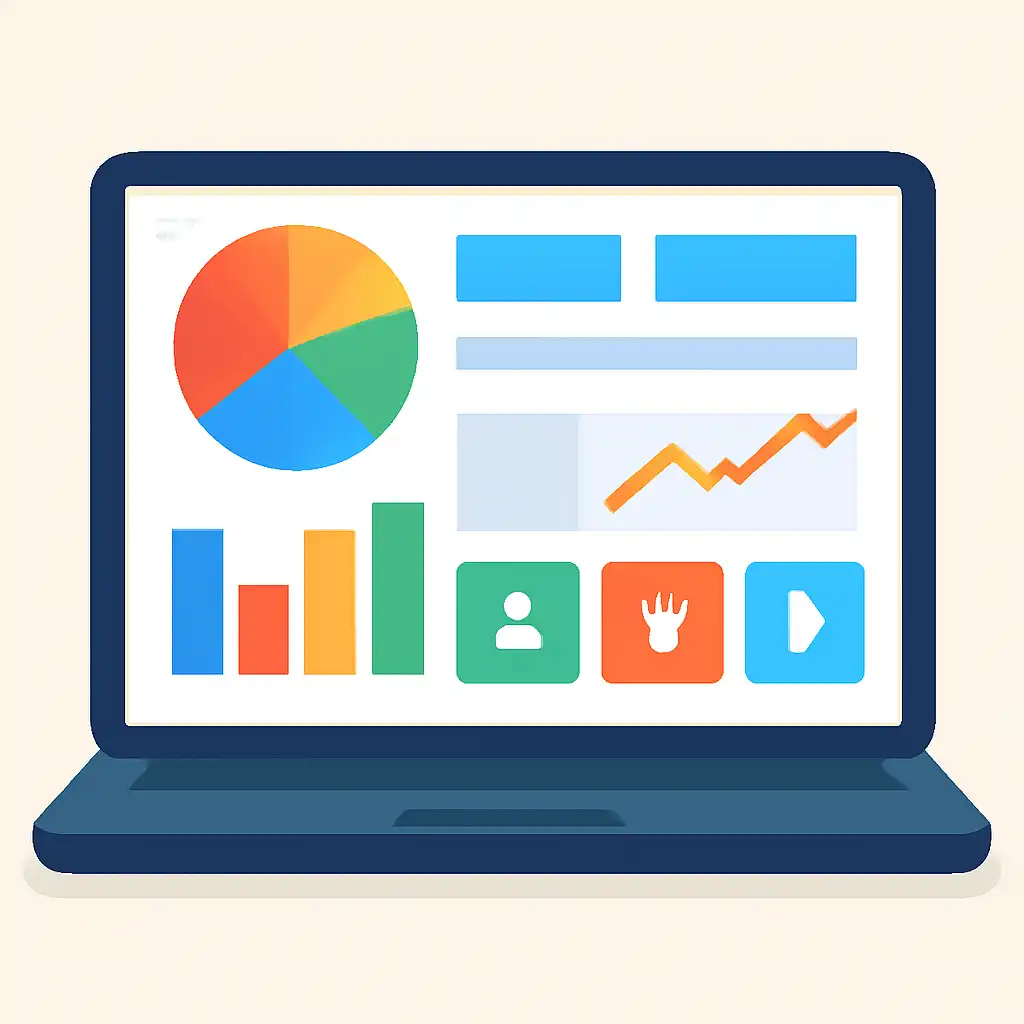 Laptop shown from the front displaying a colourful flat dashboard of abstract charts, bars and icon tiles (no text, no letters, no labels), 91 Lottery